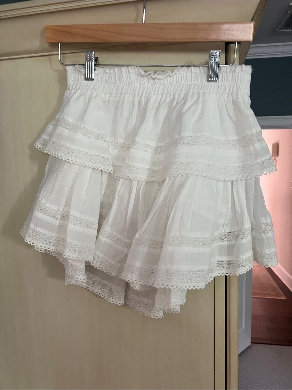 LoveShackFancy White Ruffled Lace Mini Skirt